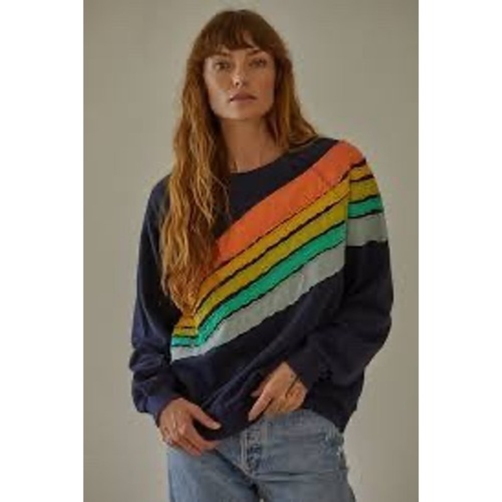 By Together Navy Blue Rainbow Stripe Cotton Sweatshirt L6004 Medium